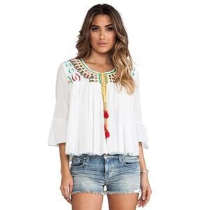 RAGA Revolve Embroidered Blouse Tassel Top White Boho Bohemian Sz S Artsy